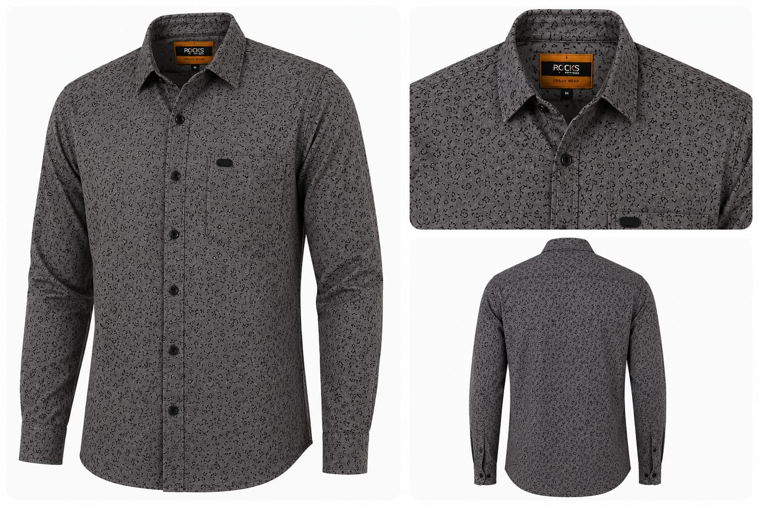 Men's Grey and Black Printed Cotton Casual Shirt