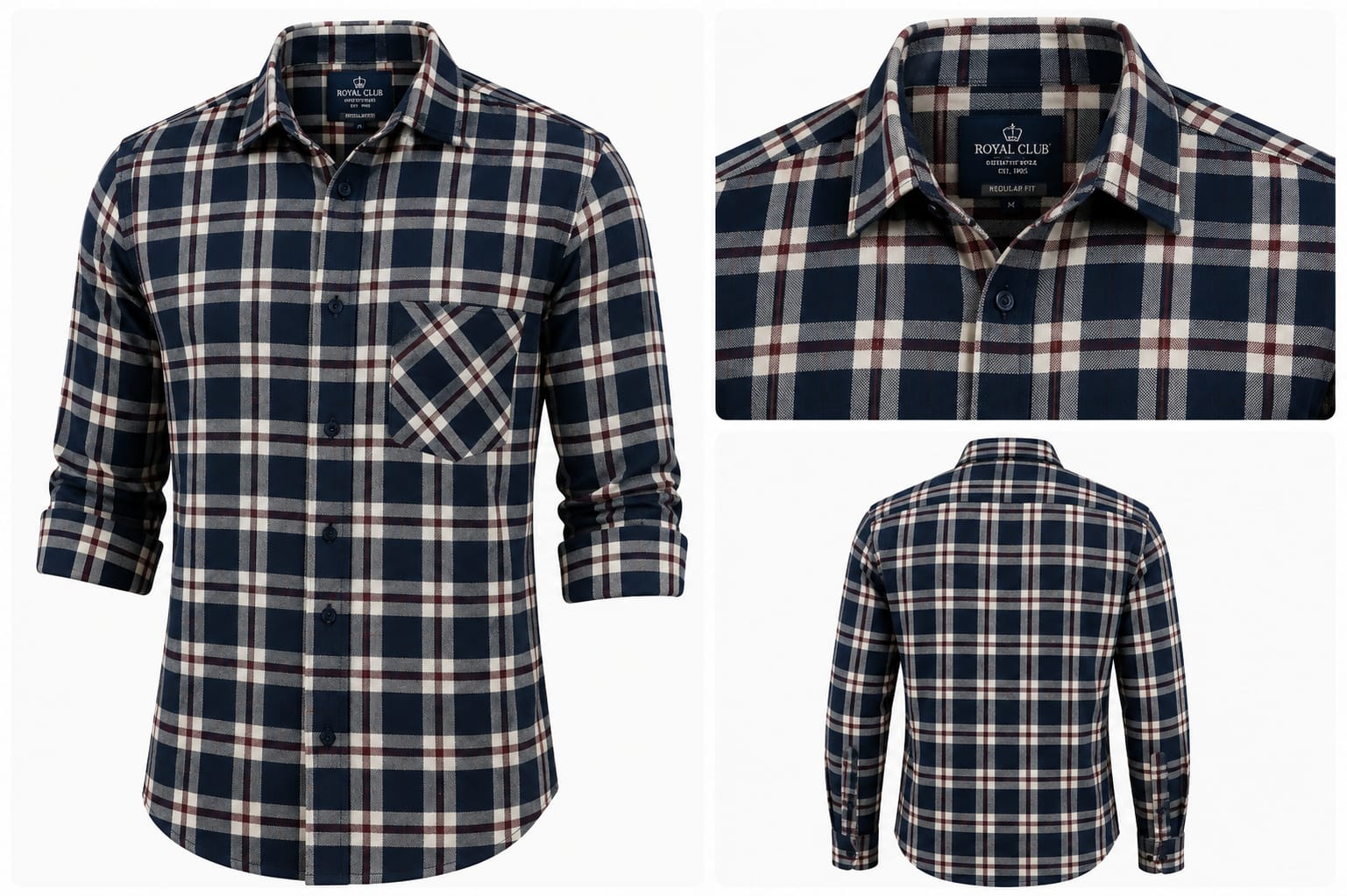 Men's Navy Blue, White, and Red Checkered Cotton Blend Casual Shirt